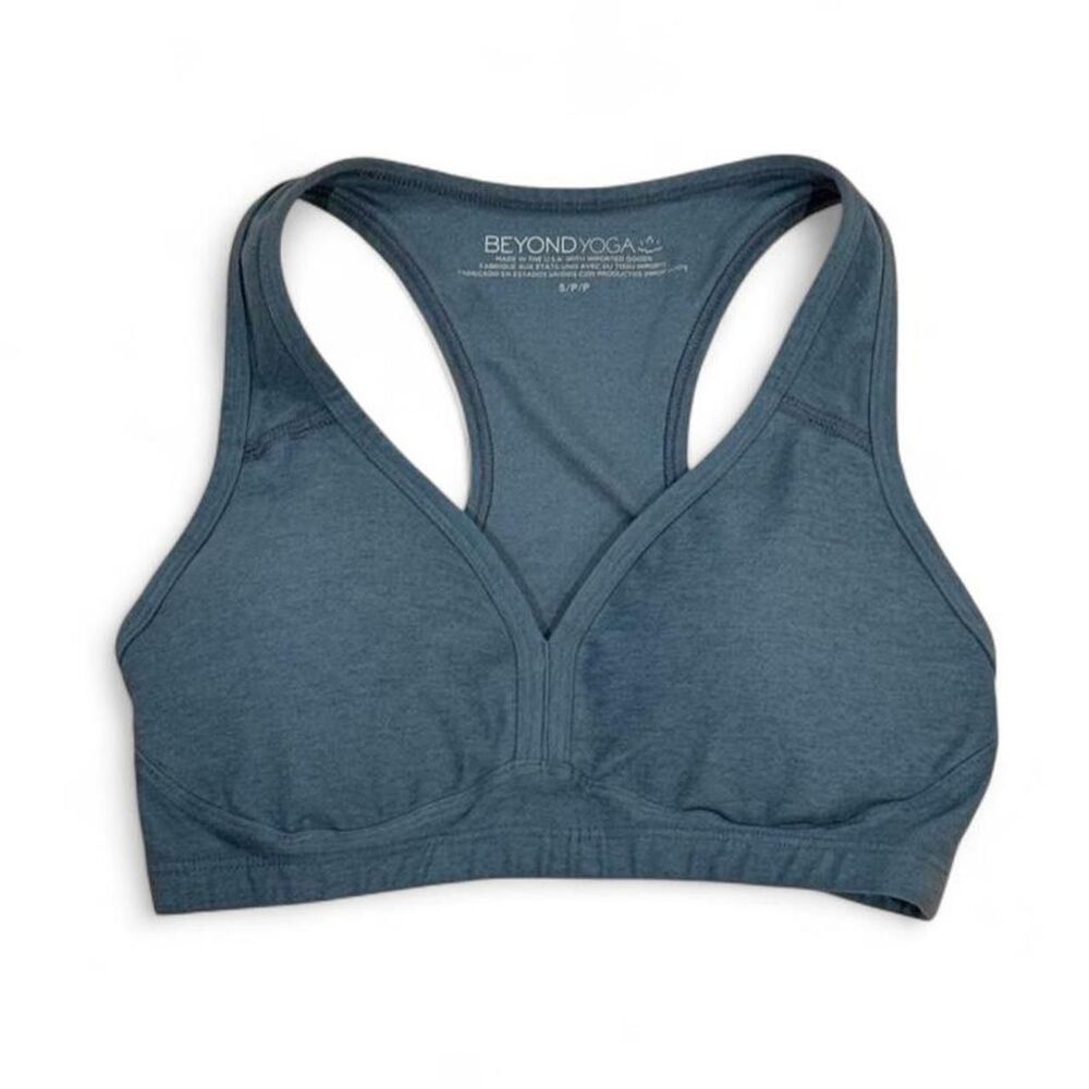 Beyond Yoga blue heathered sports bra, size S.